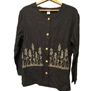 Vintage Susan Gail Women's Size 12 Black Floral L/S Linen Blend Tunic Shirt